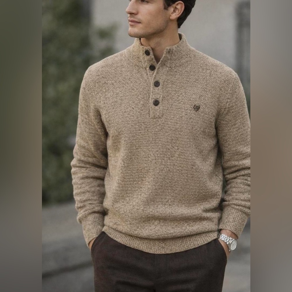 Chaps Men's khaki elbow patch 100% cotton Henley Tan Sweater, size XL preppy